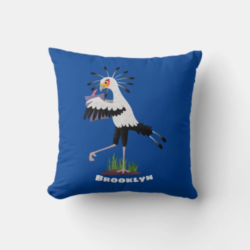 Cute secretary bird writing notes cartoon throw pillow