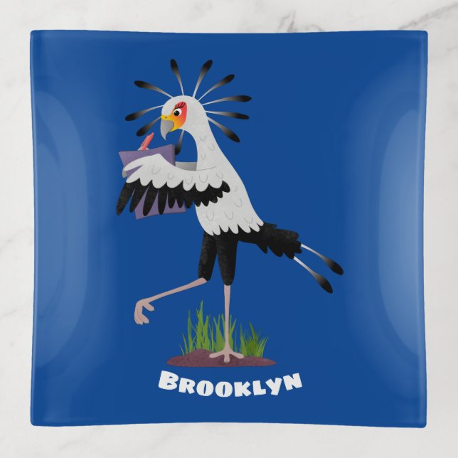 Cute secretary bird writing notes cartoon trinket tray (Front)