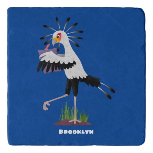 Cute secretary bird writing notes cartoon trivet