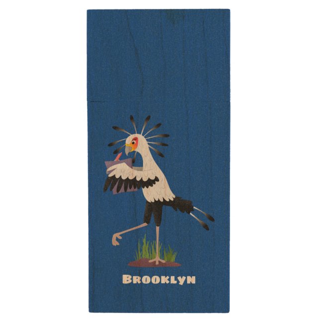 Cute secretary bird writing notes cartoon wood flash drive (Front Vertical)