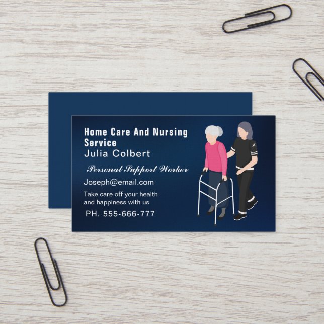 Cute Senior Companion or Elderly Caregiver blue Business Card (Front/Back In Situ)