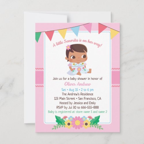 Cute Senorita Girl Floral Fiesta Baby Shower Invitation