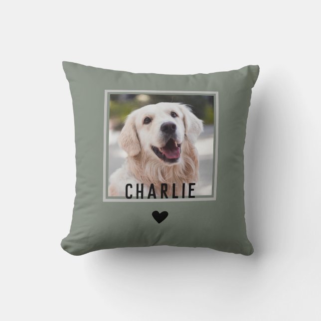 Cute Sentimental Green with Heart Dog Photo Name Throw Pillow (Front)