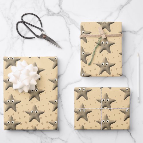 Cute Sepia Starfish Pattern Wrapping Paper Sheets