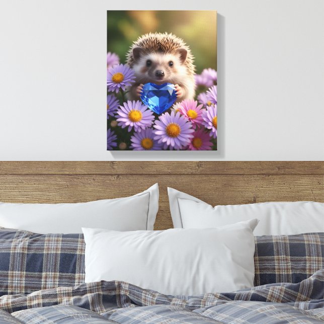 Cute September Hedgehog with Sapphire Heart Canvas Print (Insitu(Bedroom))