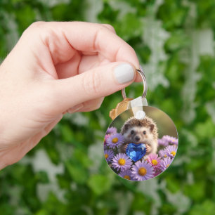 Cute September Hedgehog with Sapphire Heart Keychain