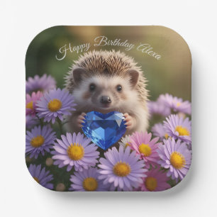Cute September Hedgehog with Sapphire Heart Paper Plates