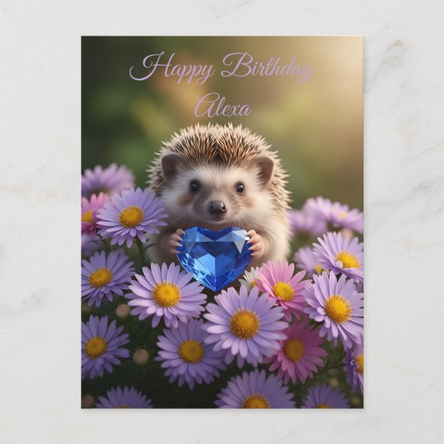 Cute September Hedgehog with Sapphire Heart Postcard (Front)