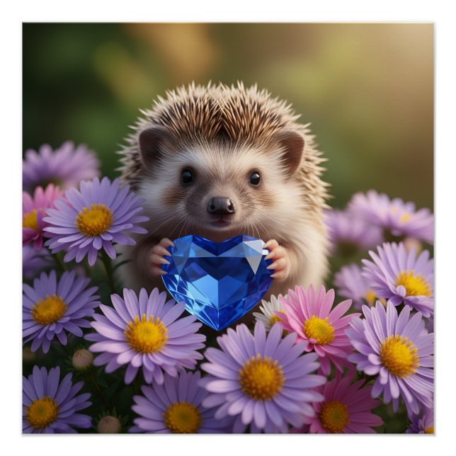 Cute September Hedgehog with Sapphire Heart Poster (Front)