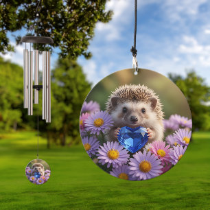 Cute September Hedgehog with Sapphire Heart Wind Chime