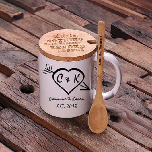 Cute Set of Engraved Teaspoon & Lid w/ Coffee Mug (Front Top)