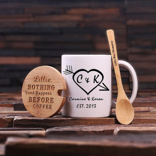Cute Set of Engraved Teaspoon & Lid w/ Coffee Mug (Front)