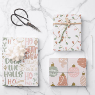 Cute Set Pink and Sage Green Christmas Wrapping Paper Sheets