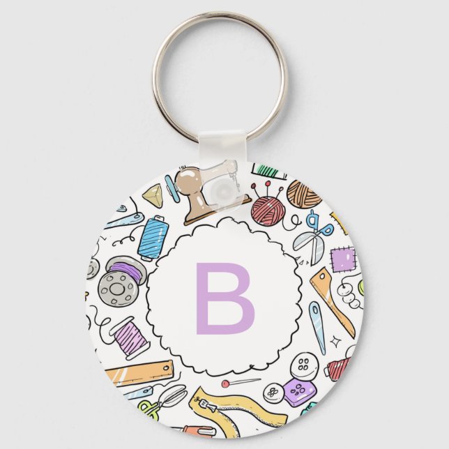 Cute Sewing Craft Doodles Monogram Keychain (Front)