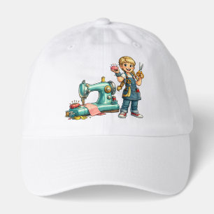 Cute Sewing Girl Cartoon with Vintage Machine Hat