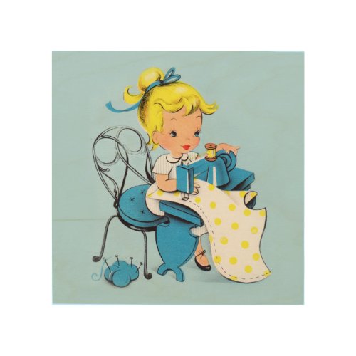 Cute Sewing Girl Seamstress Vintage Wood Art