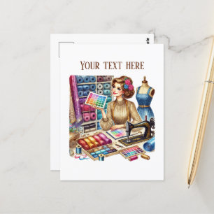 Cute sewing lovers add text  postcard