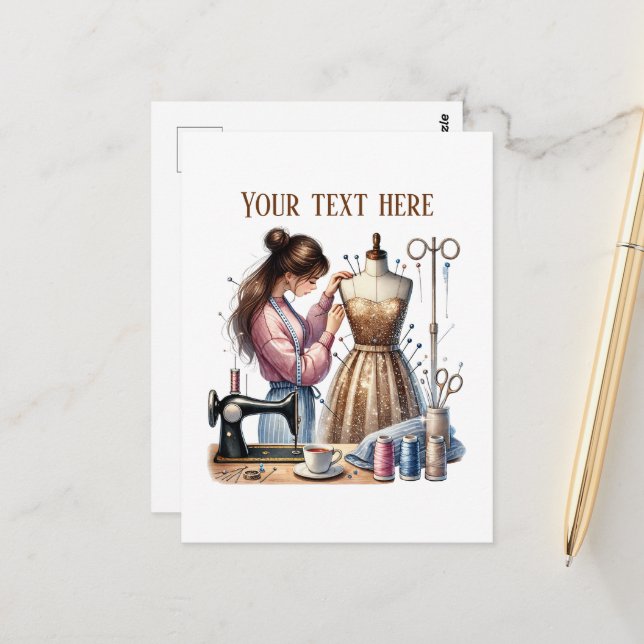 Cute sewing lovers add text  postcard (Front/Back In Situ)