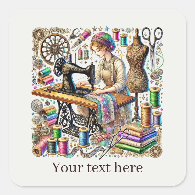 Cute sewing lovers add text square sticker (Front)