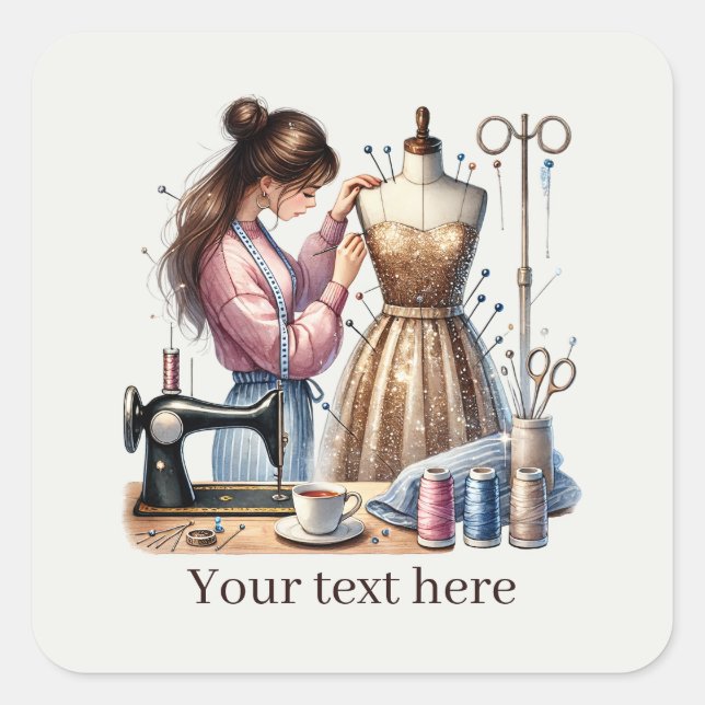 Cute sewing lovers add text  square sticker (Front)