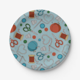 Cute Sewing Themed Pattern Blue Paper Plates