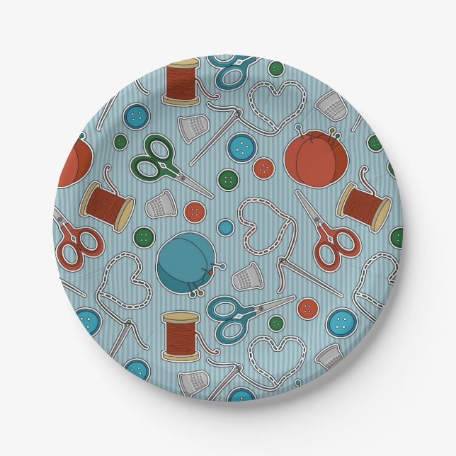 Cute Sewing Themed Pattern Blue Paper Plates (Front)