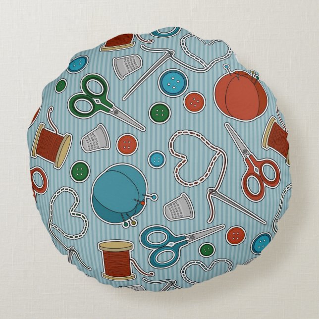 Cute Sewing Themed Pattern Blue Round Pillow (Back)