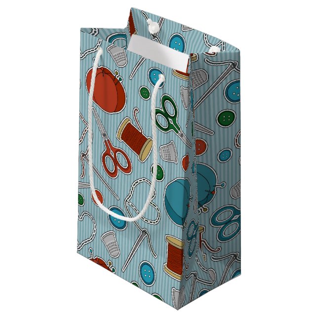 Cute Sewing Themed Pattern Blue Small Gift Bag (Front Angled)