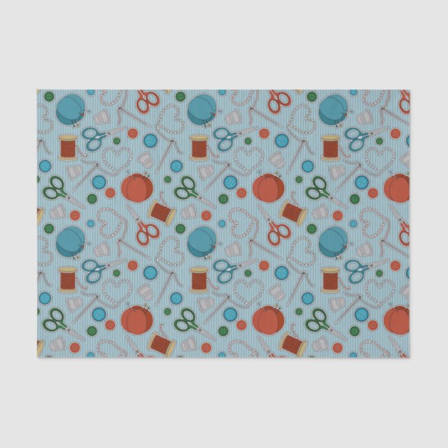 Cute Sewing Themed Pattern Blue Tissue Paper (Front)