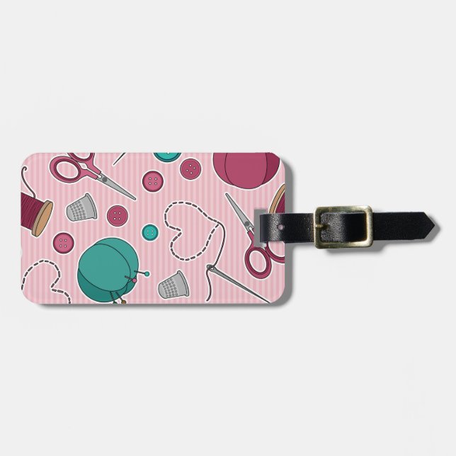 Cute Sewing Themed Pattern Pink Luggage Tag (Front Horizontal)