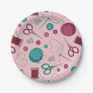 Cute Sewing Themed Pattern Pink Paper Plates