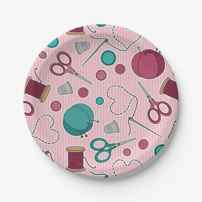 Cute Sewing Themed Pattern Pink Paper Plates (Front)
