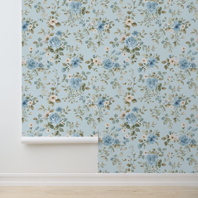 Cute Shabby Chic Blue Floral Wallpaper (Application)