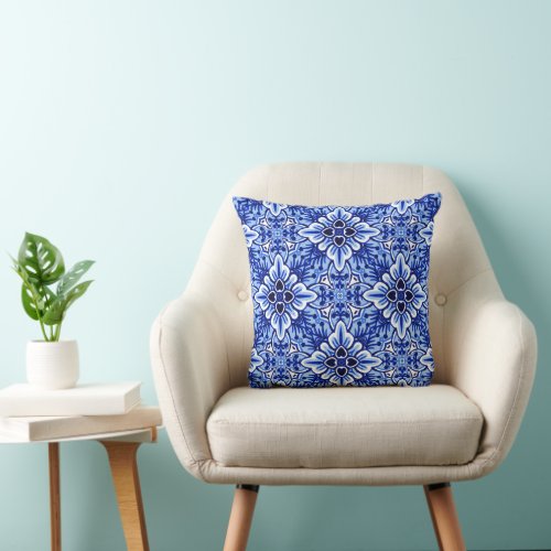 Cute Shabby Chic Dutch Delft Blue Floral Pattern Throw Pillow