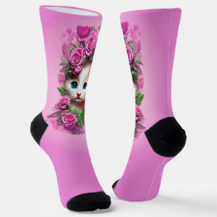 Cute Shabby Chic Kitten, Pink Rose Socks