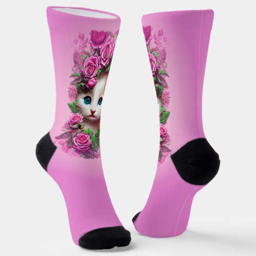 Cute Shabby Chic Kitten Pink Rose Socks
