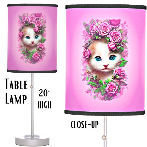 Cute Shabby Chic Kitten Pink Rose  Table Lamp