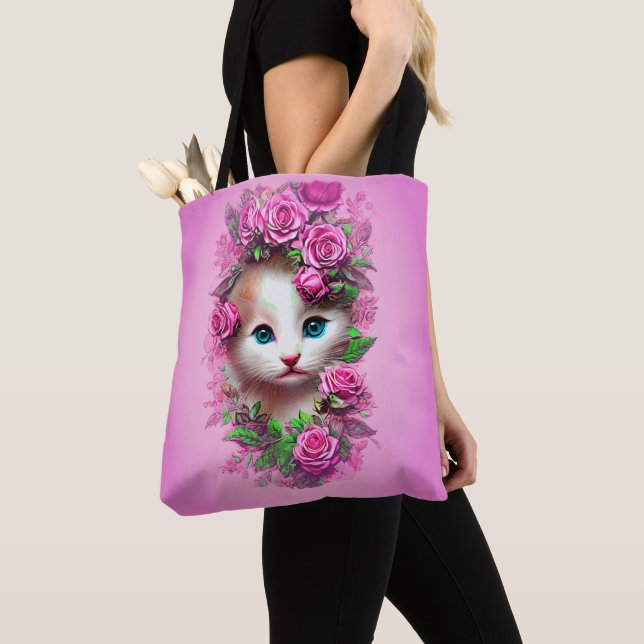 Cute Shabby Chic Kitten, Pink Rose   Tote Bag (Close Up)