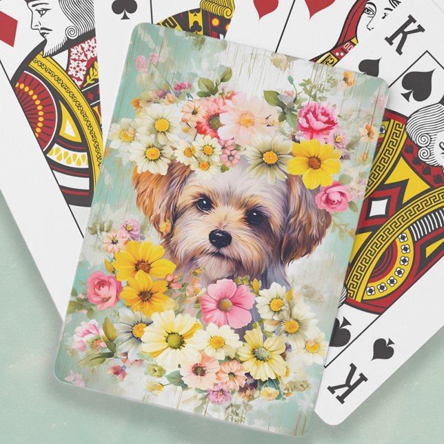 Cute Shabby Chic Maltese Dog Flowers Poker Cards (Maltese dog shabby chic floral playing cards)