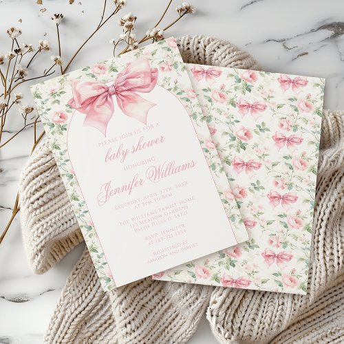 Cute shabby chic pink bow floral baby girl shower invitation