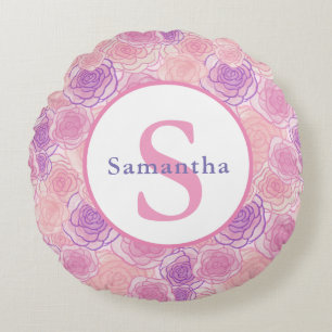 Cute Shabby Pink Roses Personalized Monogram Round Pillow