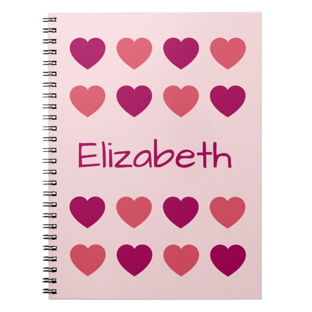 Cute Shades of Pink Hearts Pattern Name Notebook (Front)