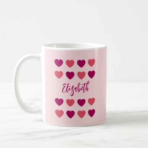 Cute Shades of Pink Hearts Script Cursive Name Coffee Mug