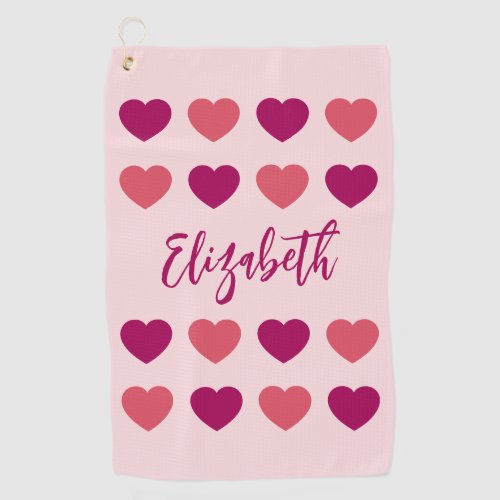 Cute Shades of Pink Hearts Script Cursive Name Golf Towel