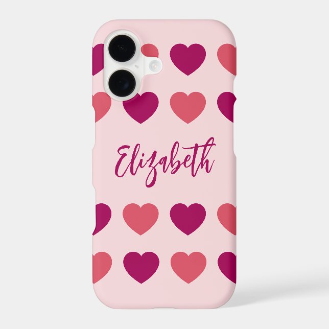 Cute Shades of Pink Hearts Script Cursive Name iPhone Case (Back)