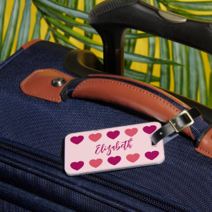 Cute Shades of Pink Hearts Script Cursive Name Luggage Tag