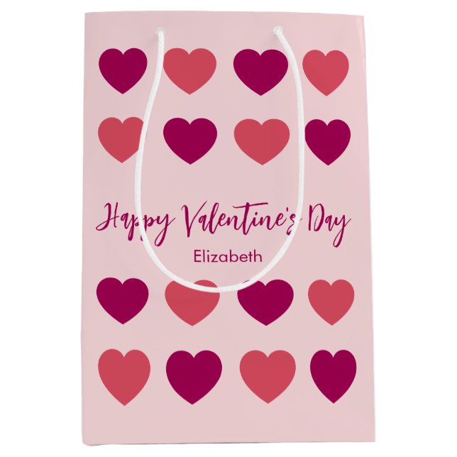 Cute Shades of Pink Hearts Script Cursive Name Medium Gift Bag (Front)