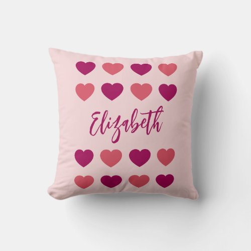 Cute Shades of Pink Hearts Script Cursive Name Throw Pillow