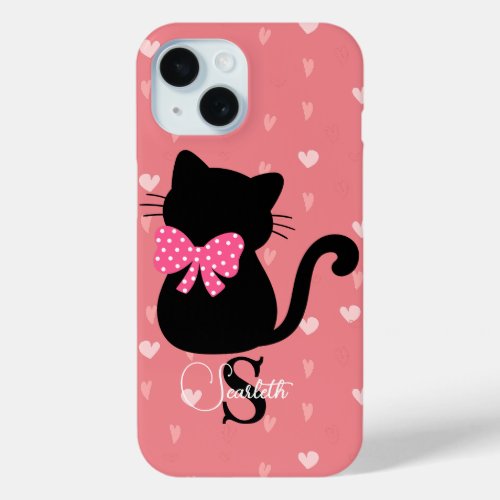 Cute Shadow Cat Hearts  Modern Name Pink iPhone 15 Case