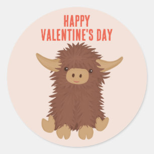 Cute, shaggy Highland cow classroom Valentine Classic Round Sticker